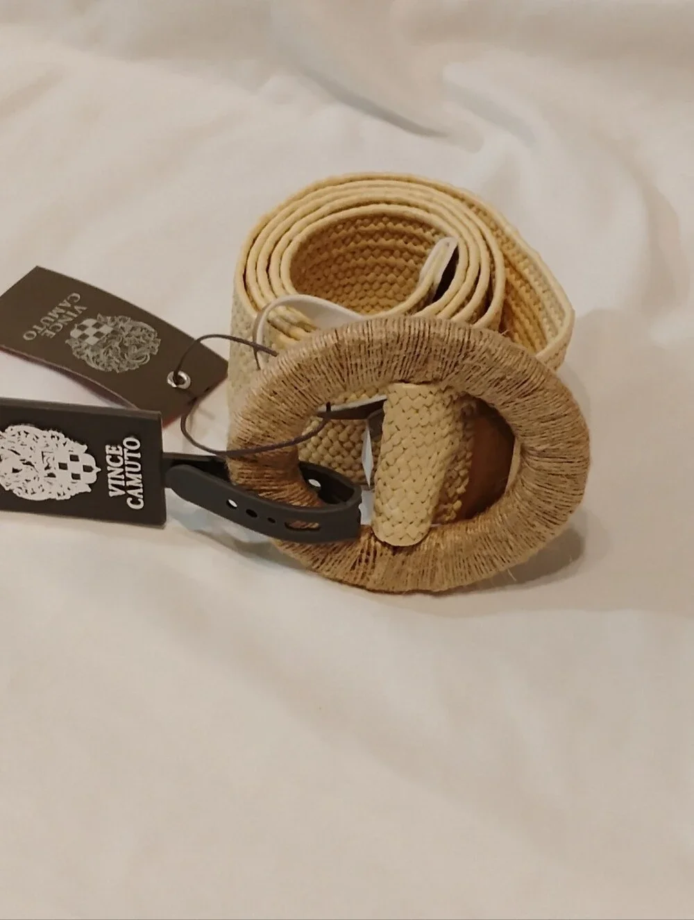 Vince Camuto Natural Tan Woven Raffia Round-Buckle Waist Belt
